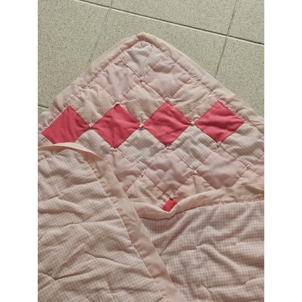 Pink Quilted Quilt Blanket Crib Coverlet for Girls, Satin Edging, Hand knotted